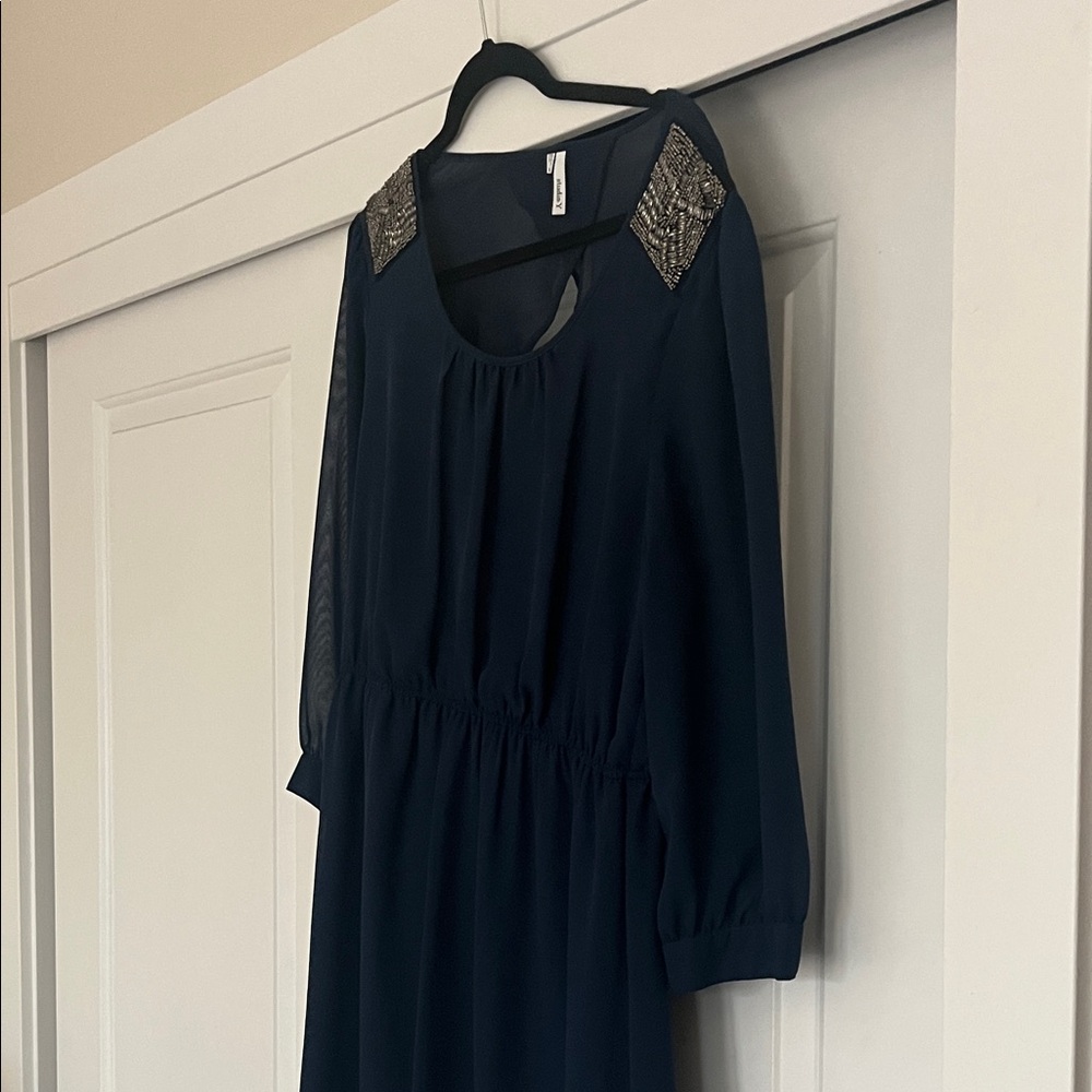 Elegant Navy Blue Dress with Embellished Shoulders